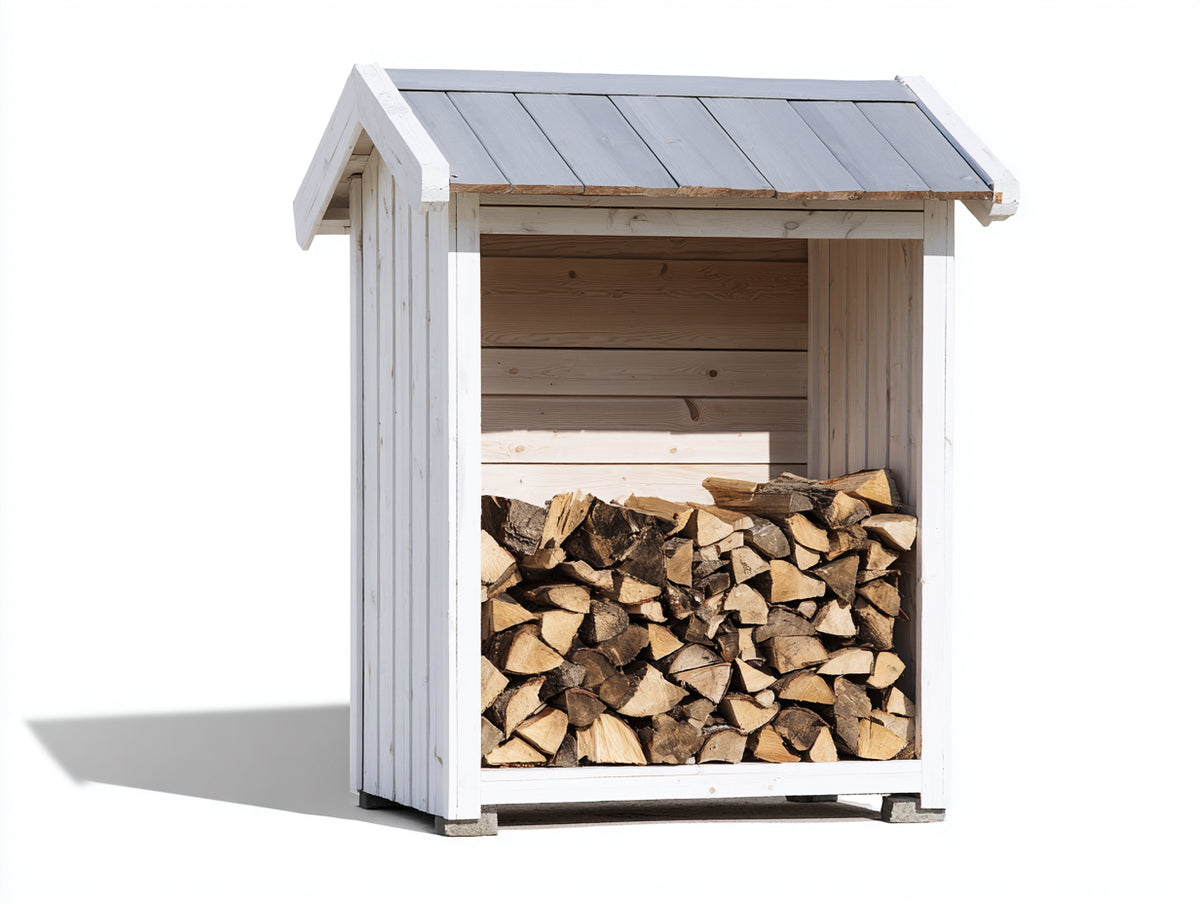 Leñero de exterior de madera 100x65x160 cm - Blanco y gris - Techo a dos aguas con laterales cerrados y diseño rústico