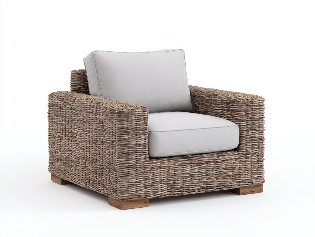 Sillones de ratán 92x88x84 cm - Marrón natural y gris claro - Asiento acolchado con reposabrazos rectos y diseño moderno