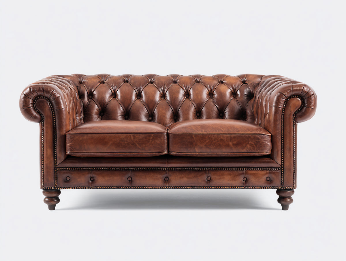 Sofás 2 plazas de piel 190x92x78 cm - marrón coñac - estilo Chesterfield con capitoné y brazos enrollados