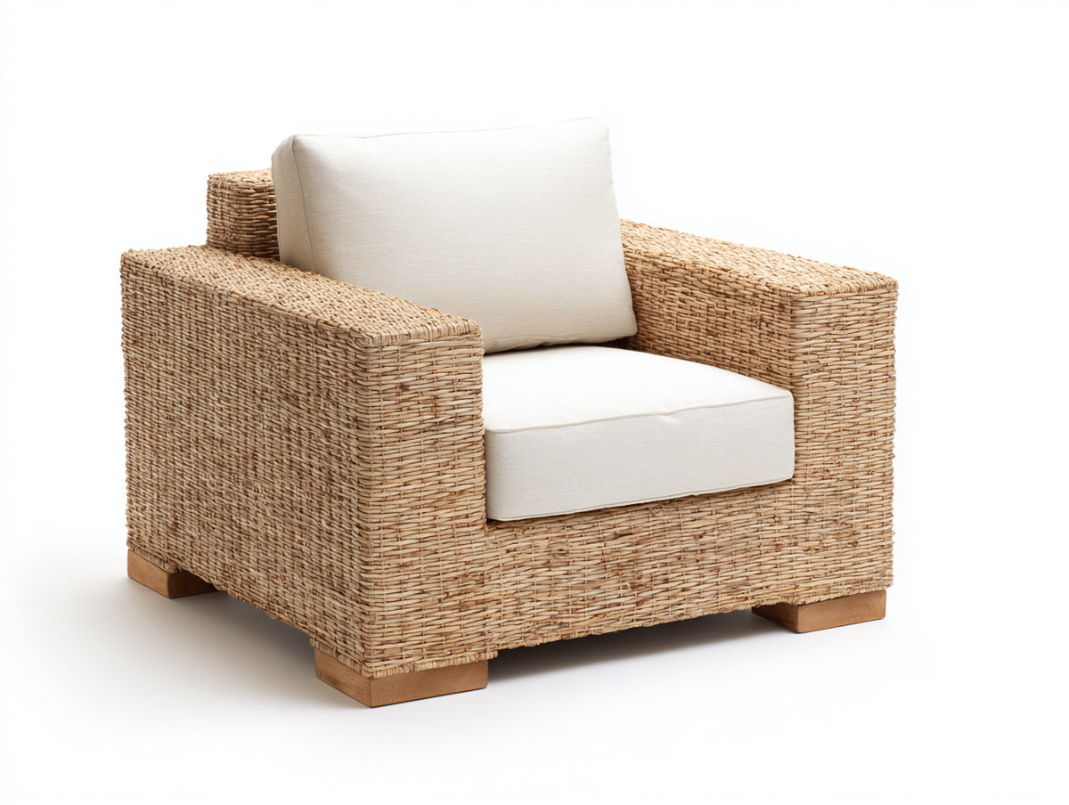Sillones de ratán con cojines 95x90x80 cm - natural y crema - asiento amplio con reposabrazos rectos