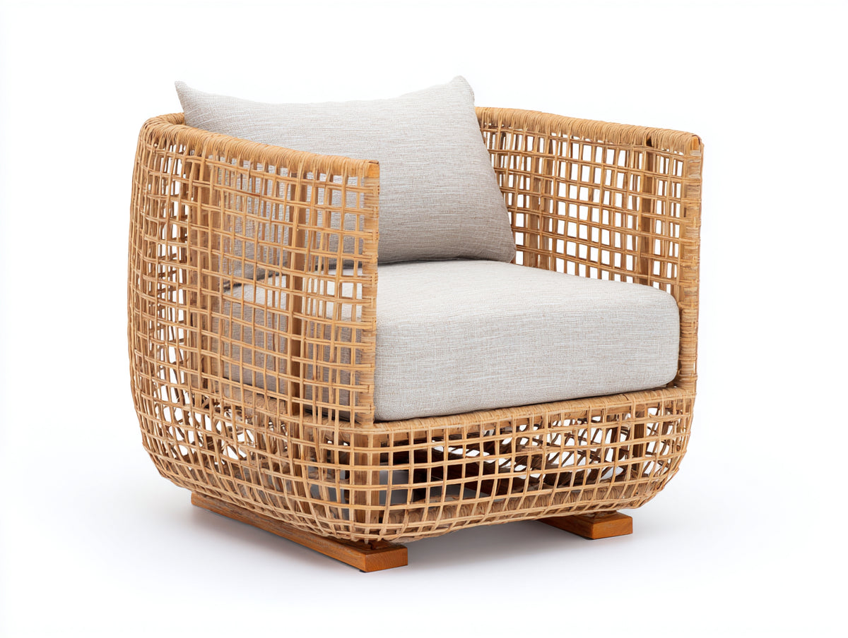 Sillones de ratán 102 x 94 x 84 cm - ratán natural y beige - sillón individual de tejido abierto con asiento acolchado