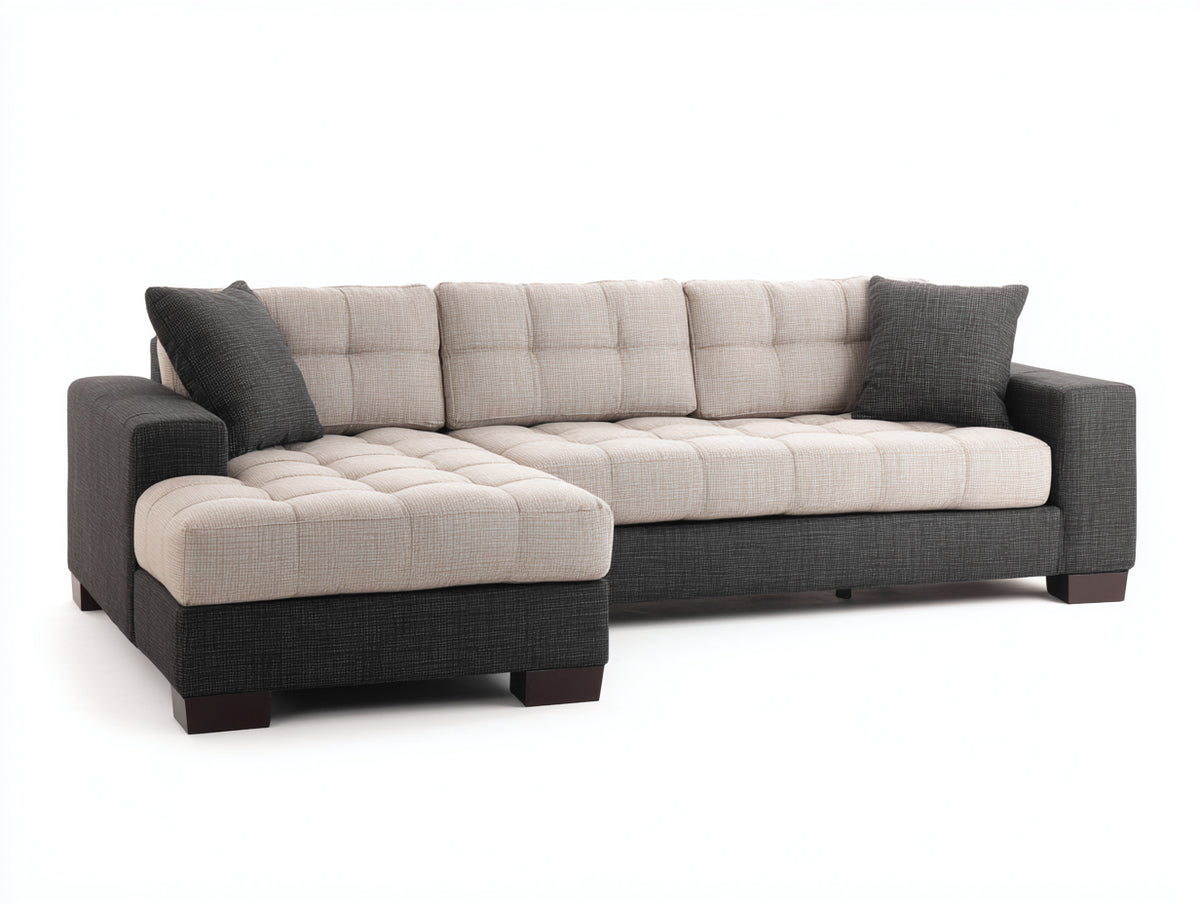 Sofás de esquina tapizados 282 x 176 x 88 cm - beige y gris oscuro - diseño con chaise longue y acolchado capitoné