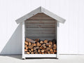 Leñero de exterior de madera 100x65x160 cm - blanco y gris claro - compartimento único con techo a dos aguas