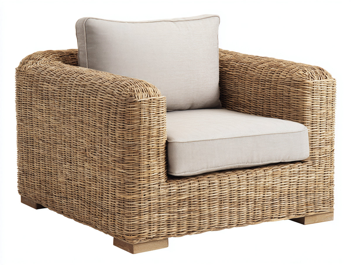Sillones de ratán con estructura tejida 94 x 90 x 82 cm - Marrón natural-Beige - Diseño amplio con reposabrazos para interior y terraza
