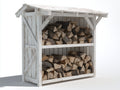 Leñero de exterior de madera 150x75x165 cm - blanco envejecido - 2 niveles con techo inclinado y refuerzos laterales