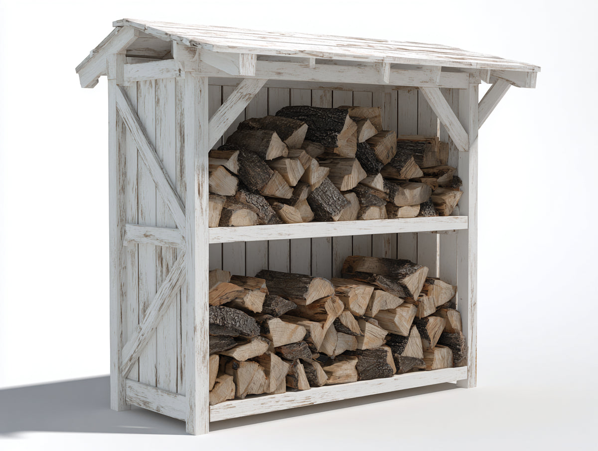 Leñero de exterior de madera 150x75x165 cm - blanco envejecido - 2 niveles con techo inclinado y refuerzos laterales