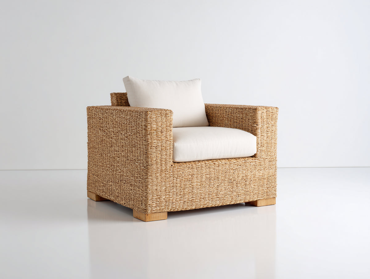 Sillones de ratán tejido 90x86x78 cm - Marrón natural-Blanco crema - Diseño moderno con reposabrazos y cojines acolchados