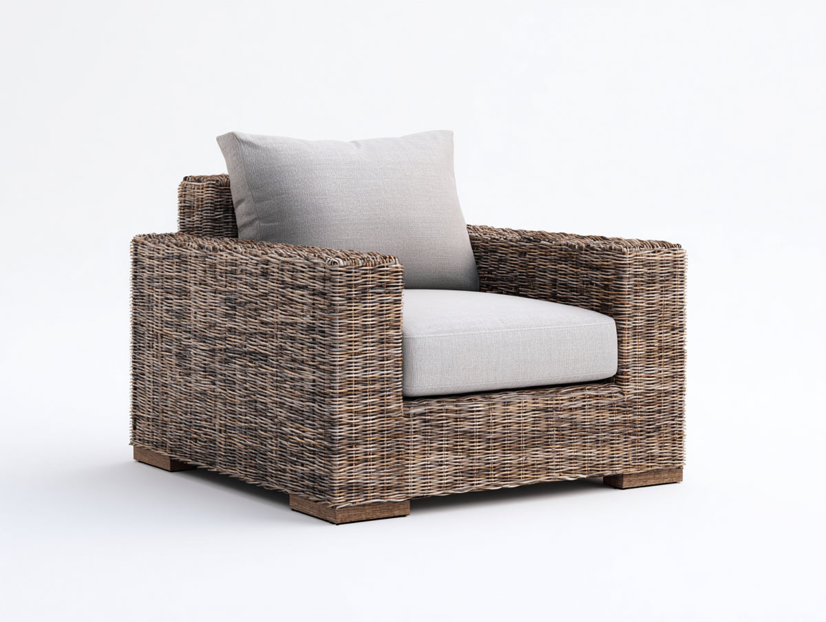 Sillones de ratán 94 x 90 x 85 cm - marrón natural y gris claro - diseño moderno con respaldo y reposabrazos rectos