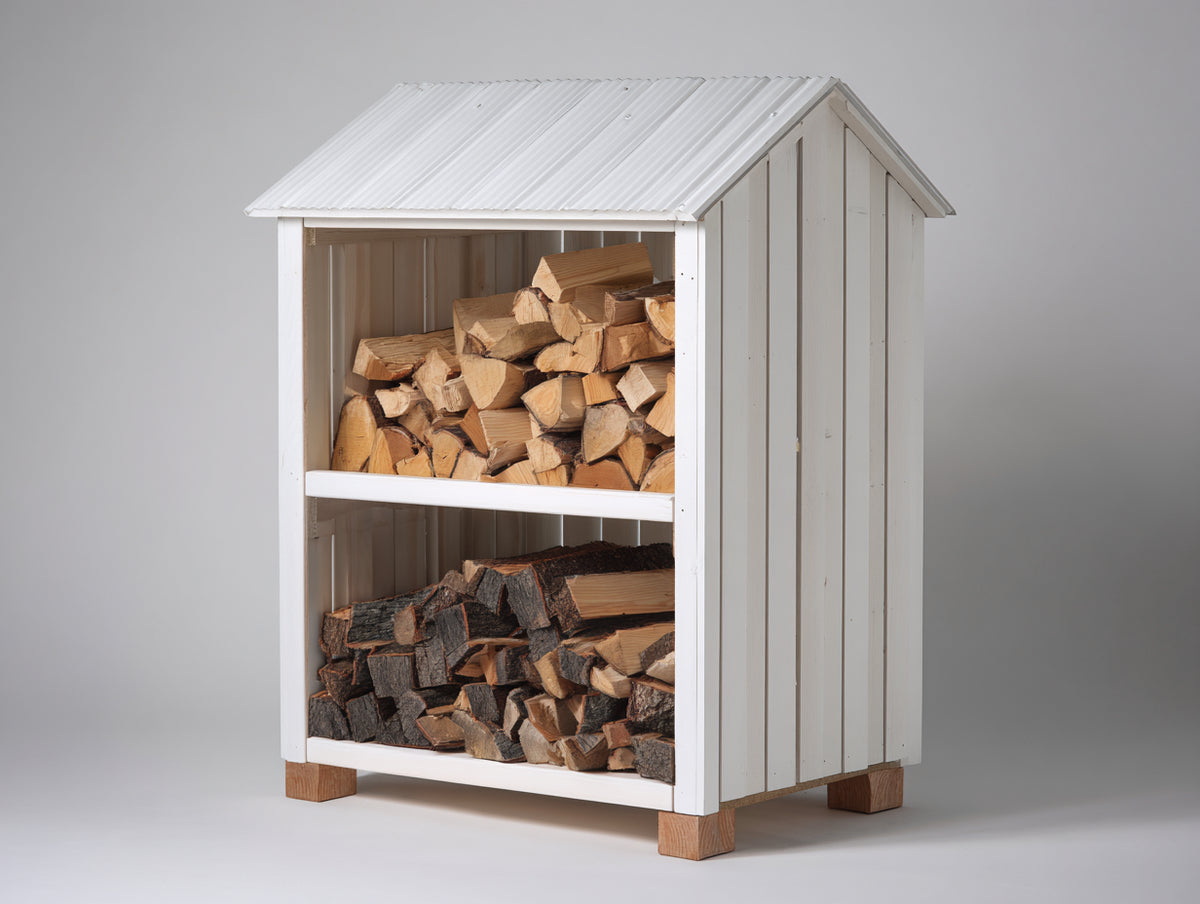 Leñero de exterior de madera 110x75x170 cm - blanco y madera natural - 2 niveles con techo a dos aguas
