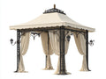 Pérgola de jardín de metal 350 x 350 x 310 cm - negro y beige - diseño clásico con techo elevado y cortinas laterales